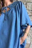 Washed Chambray Shirring Peasant Blouse Mid